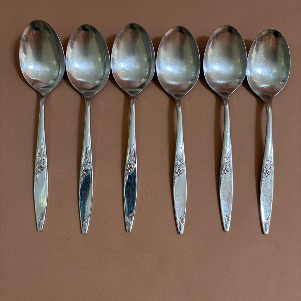 West Bend Twilight Rose Stainless Steel Spoons Set 6 Tablespoons 1 Soup Spoon